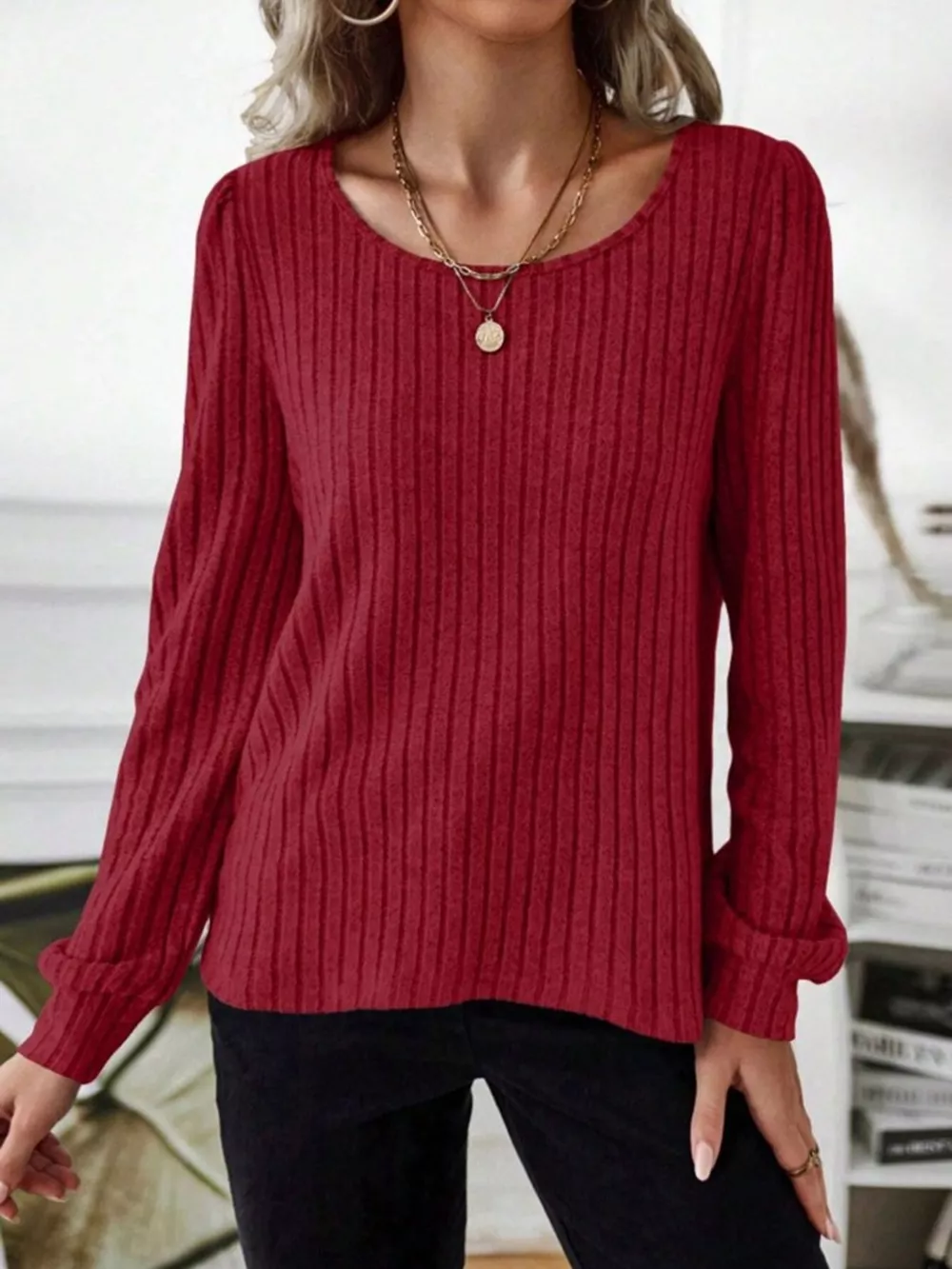 Ribbed Knit Long Sleeve T-Shirt, image 9