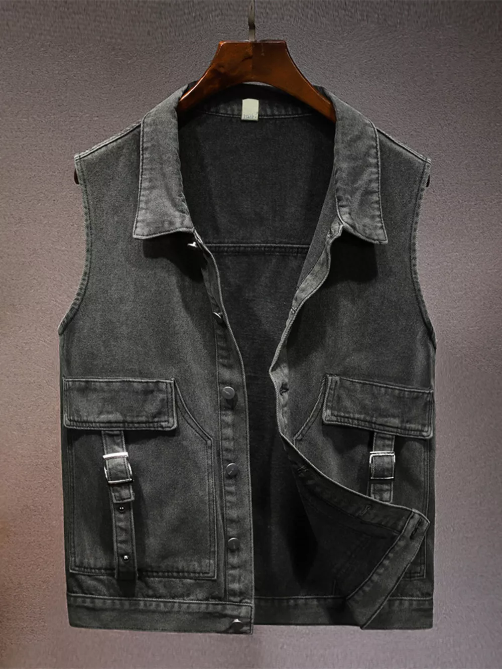 Men's Plus Size Vintage Washed Denim Vest with Pockets