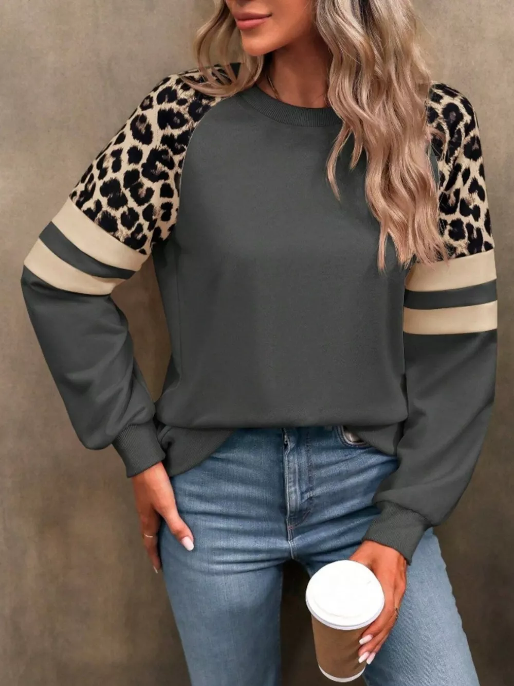 Leopard Round Neck Raglan Sleeve Sweatshirt, image 11