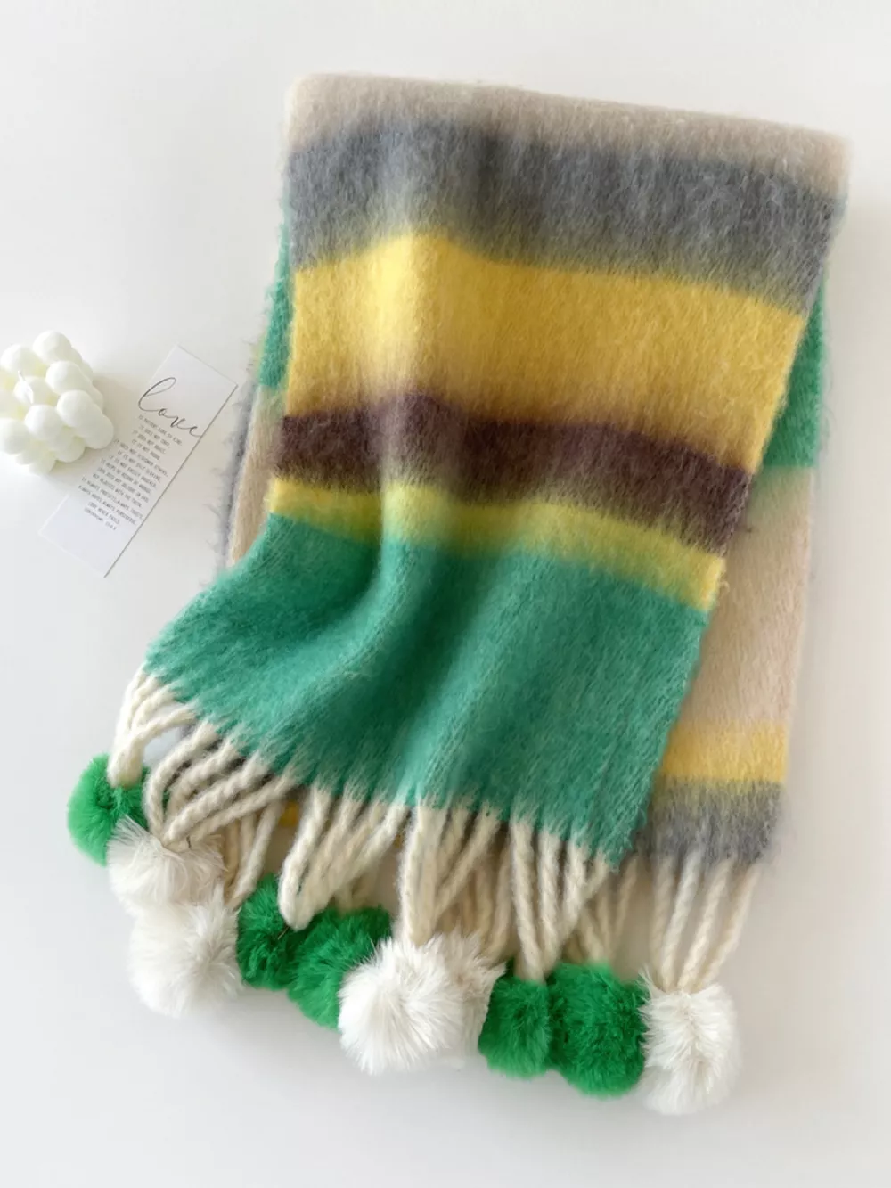 Rainbow Striped Fuzzy Scarf with Pom-Poms, image 4