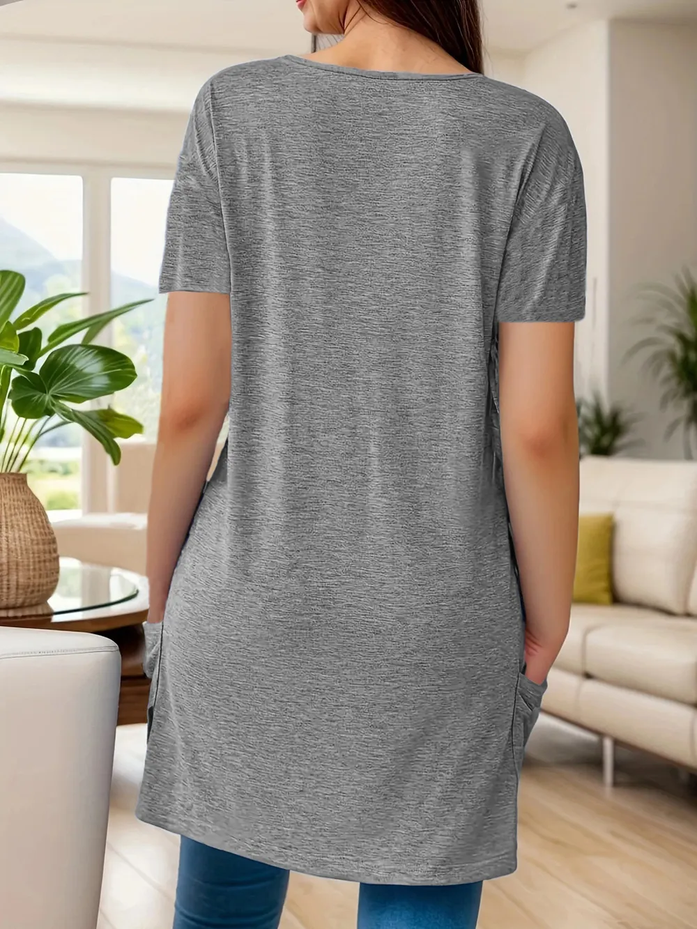 Full Size V-Neck Pocket Front Asymmetric Hem T-Shirt Plus Size, image 8