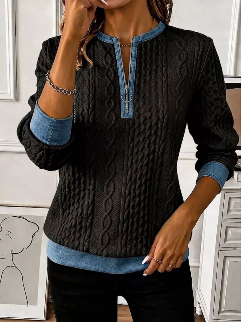 Full Size Denim Contrast Trim Quarter Zip Texture Sweatshirt Plus Size