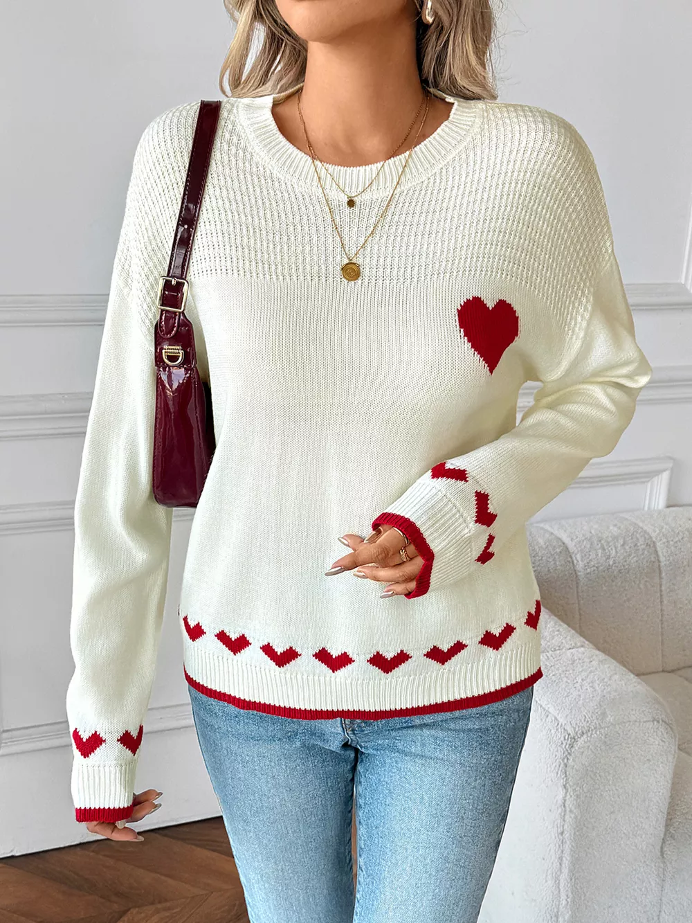 Heart Pattern Dropped Shoulder Sweater, image 4