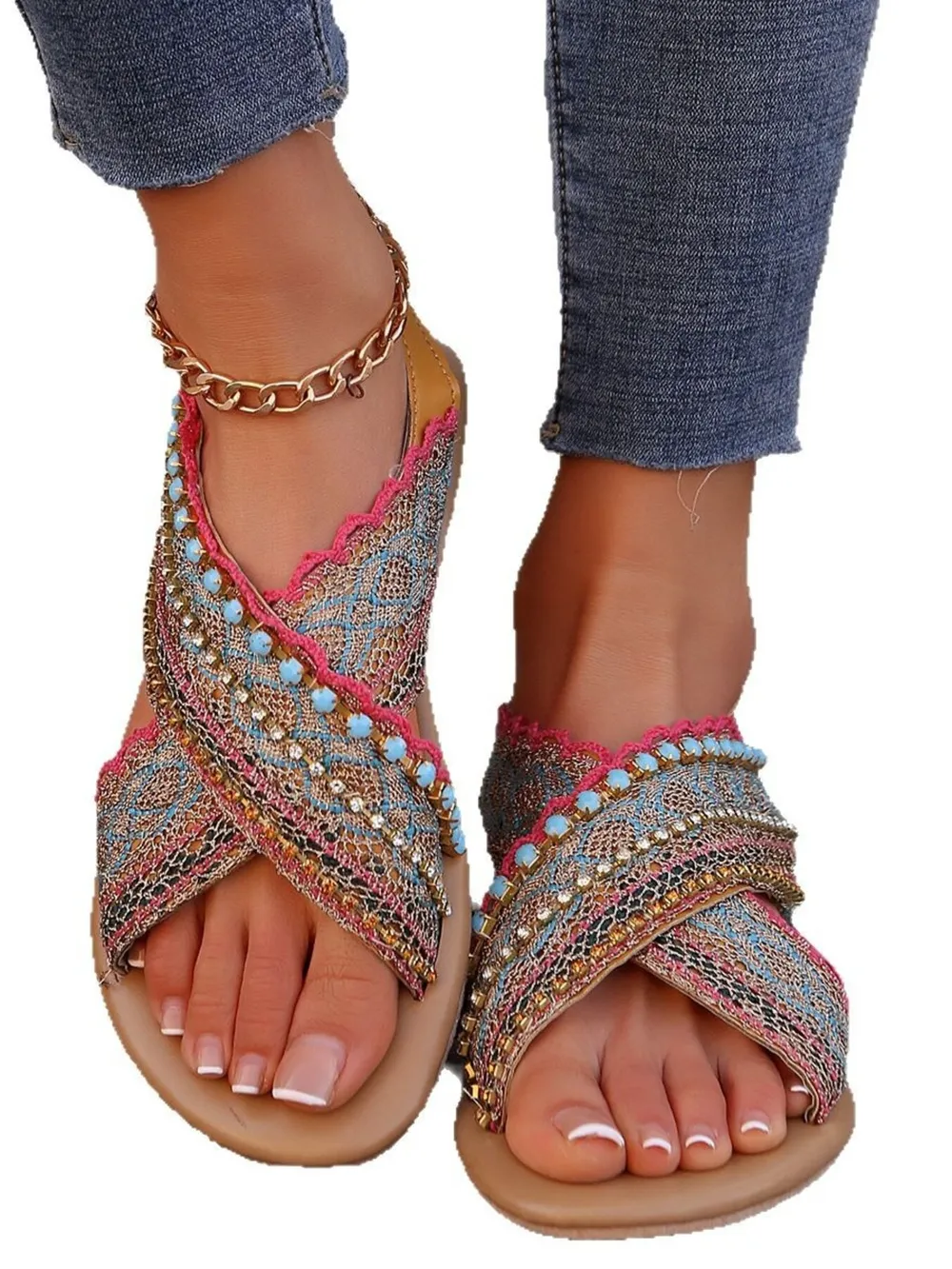 Bohemian Cross-Strap Flat Sandals, image 4