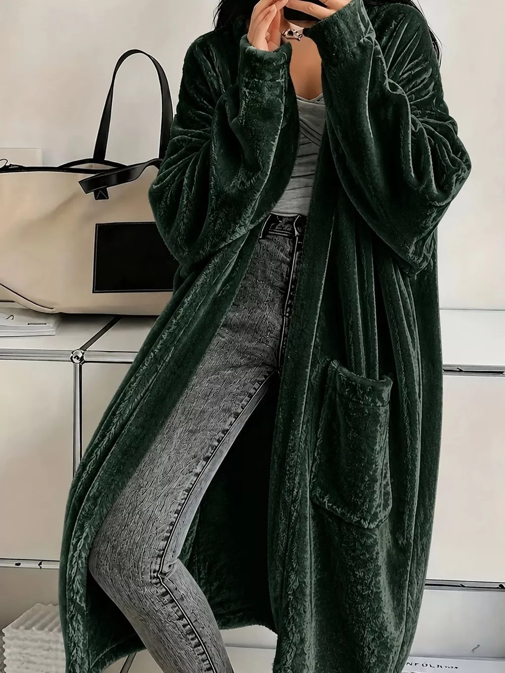 Plus Size Velvet Open-Front Longline Cardigan, image 7