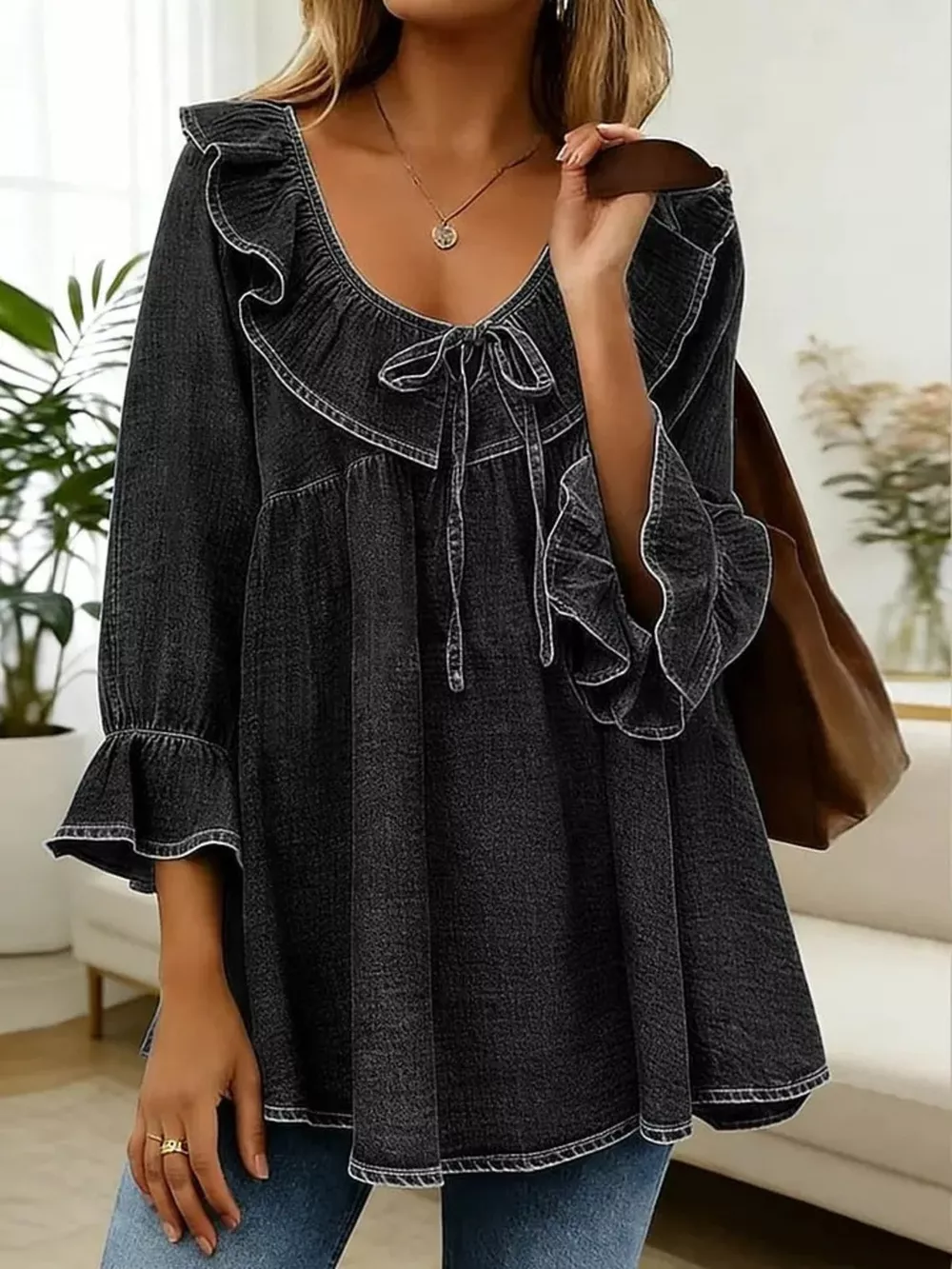 Full Size Ruffled V-Neck Denim Top with Tie-Front Detail Plus Size, image 4
