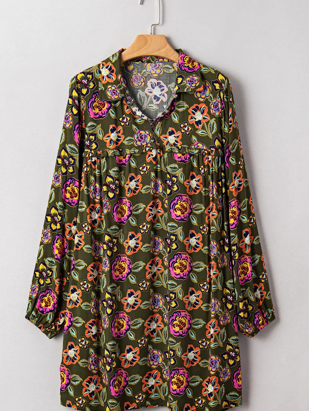 Floral Print Split Neck Bubble Sleeve Shift Mini Dress, image 4