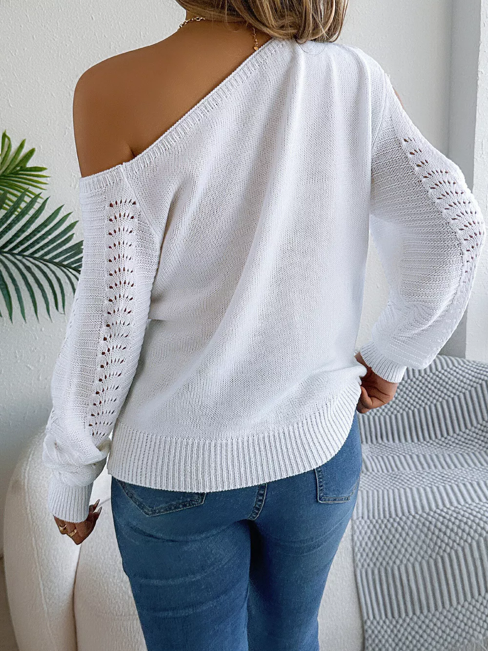 Openwork One Shoulder Cutout Long Sleeve Sweater, image 3