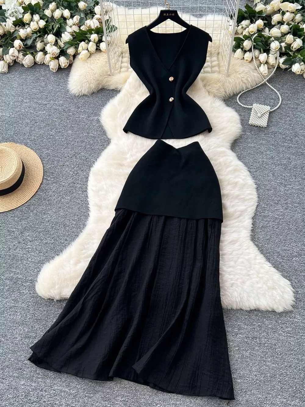 Button Up Sleeveless Top and Skirt Set