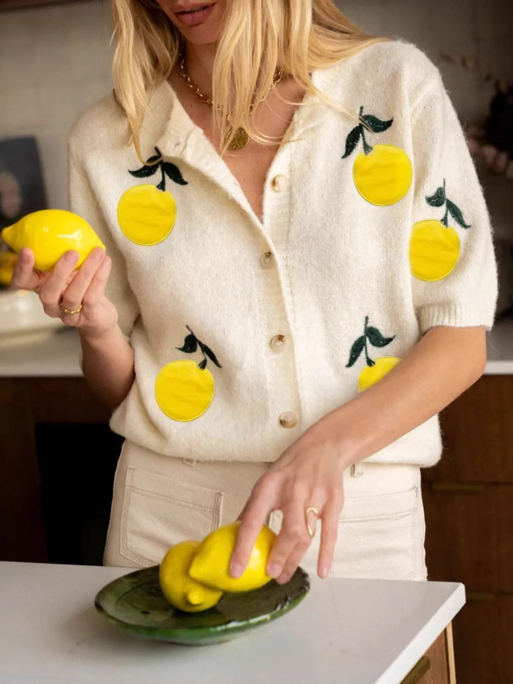 Lemon Button-Up Short Sleeve Cardigan, image 3