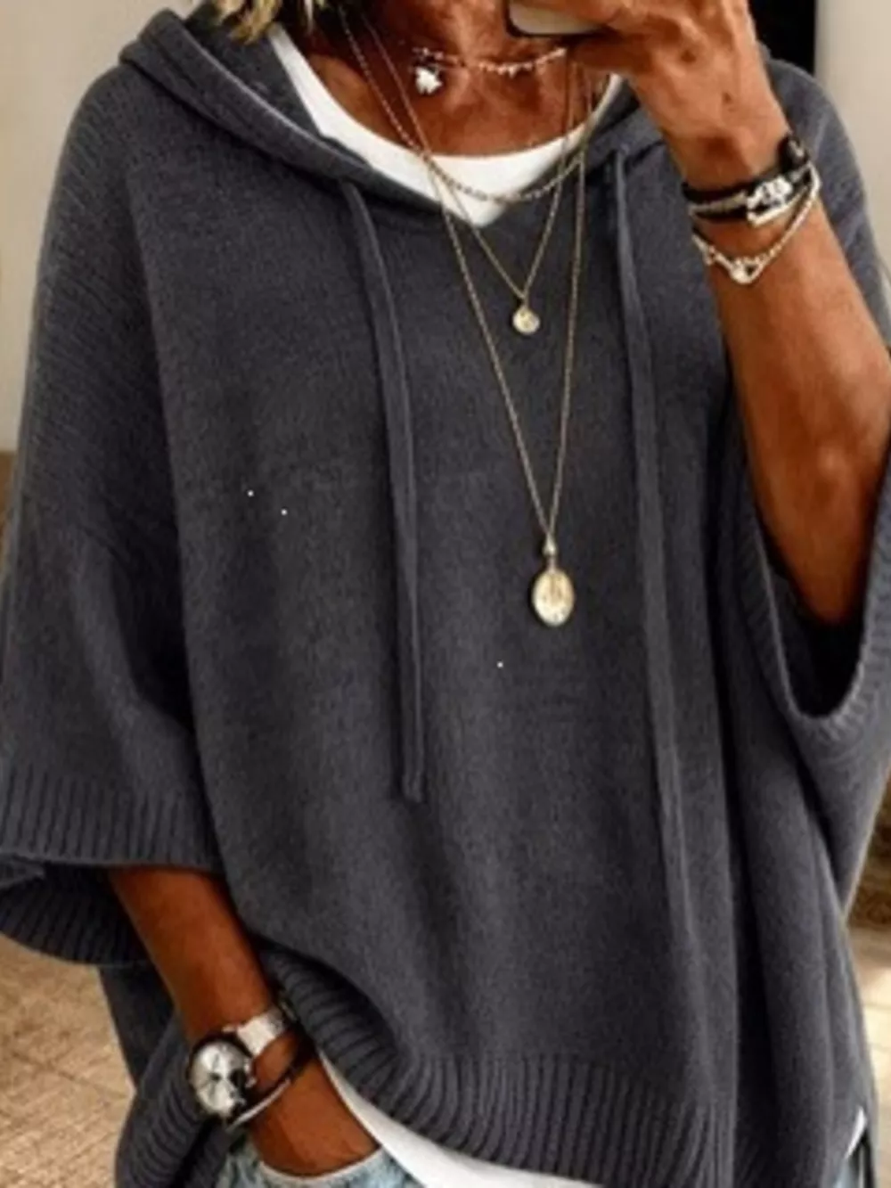 Full Size Drawstring 3/4 Sleeve Hooded Sweater Plus Size, image 14