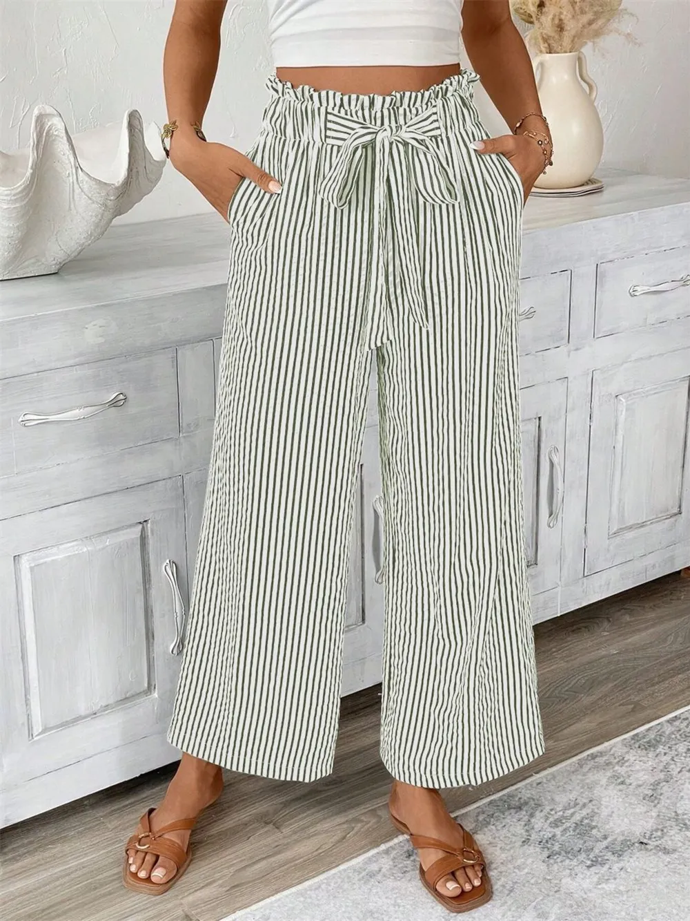 Full Size Striped Wide Leg Paper Bag Pants Plus Size, image 7