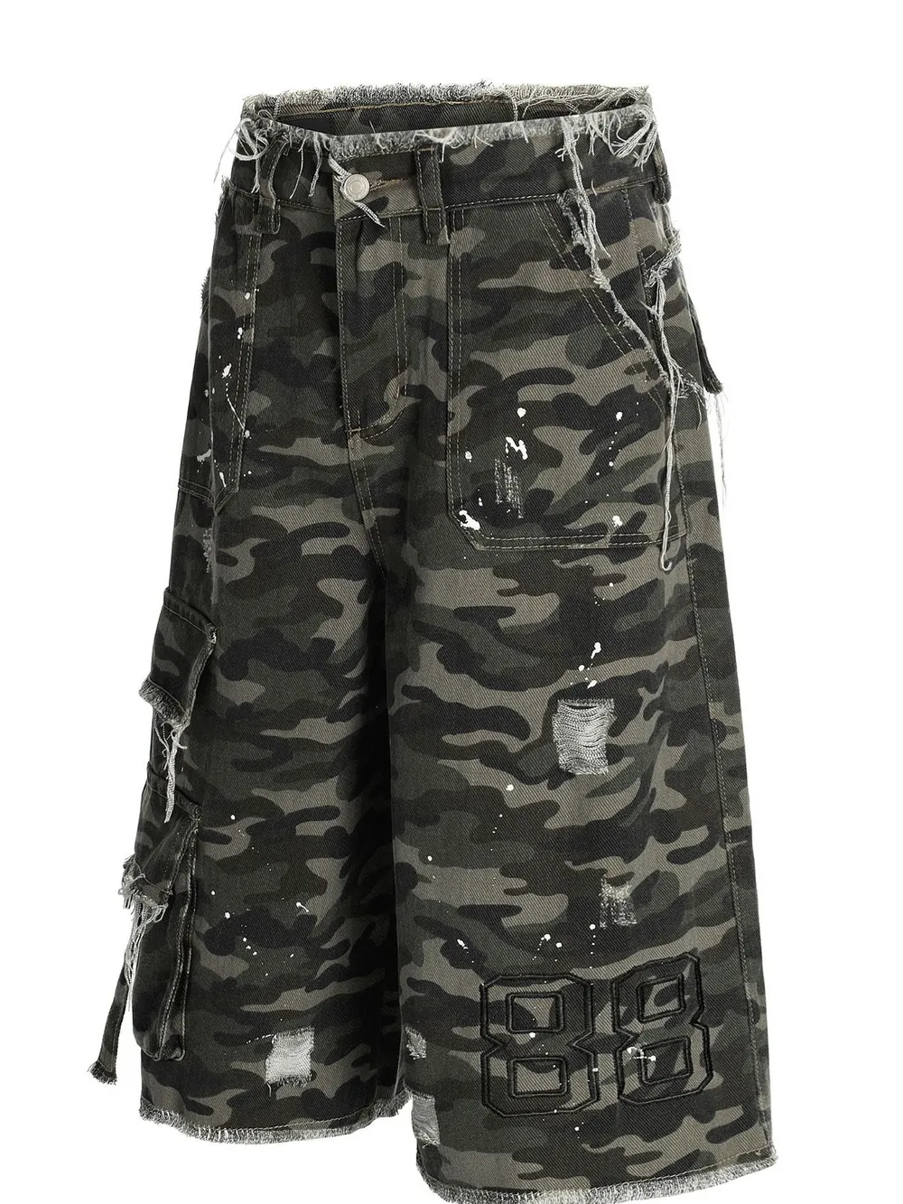 Men's Distressed Camo Print Cargo Denim Shorts, image 2