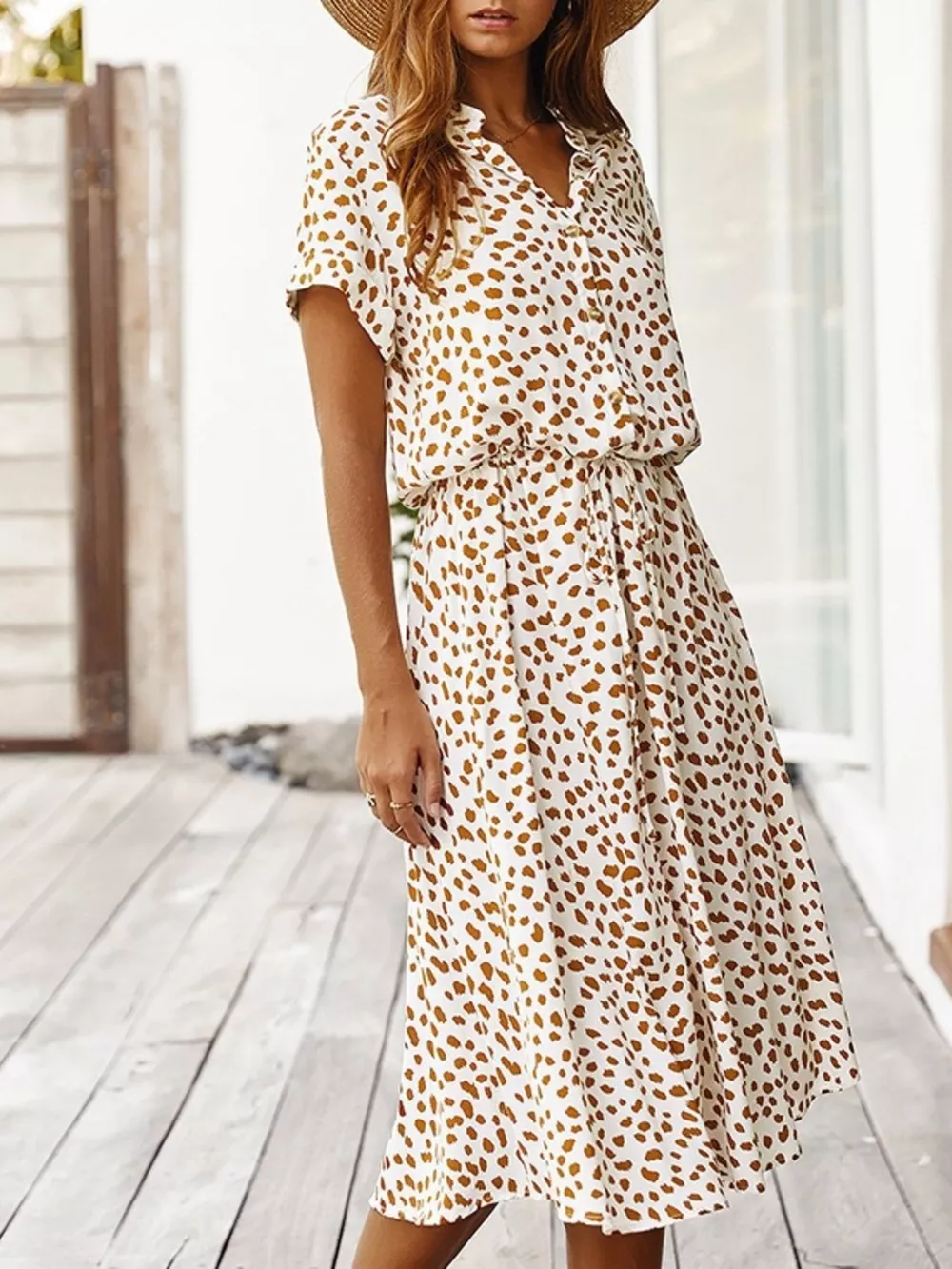 Animal Print Drawstring Waist Midi Dress, image 2