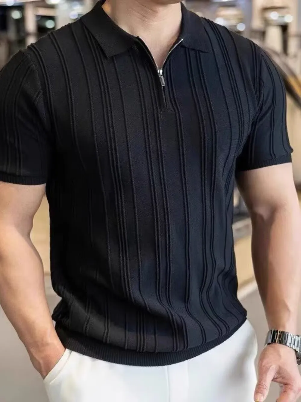 Men's Full Size Slim Fit Zip Collar Short Sleeve Polo Plus Size, image 4