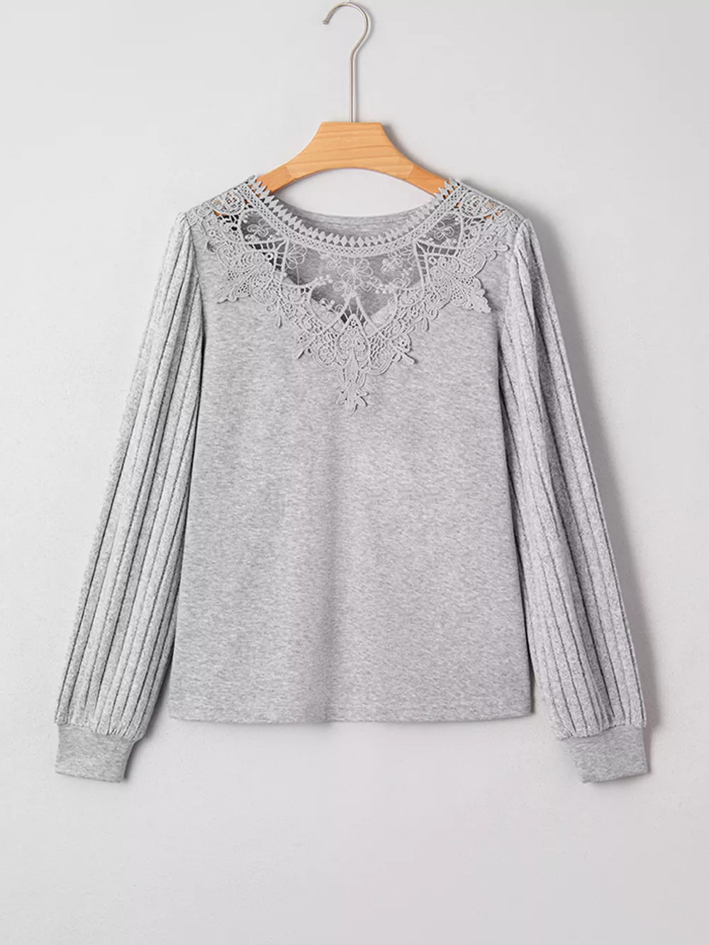 Hollowed Lace Ribbed Knit Long Sleeve Patchwork Top, image 3