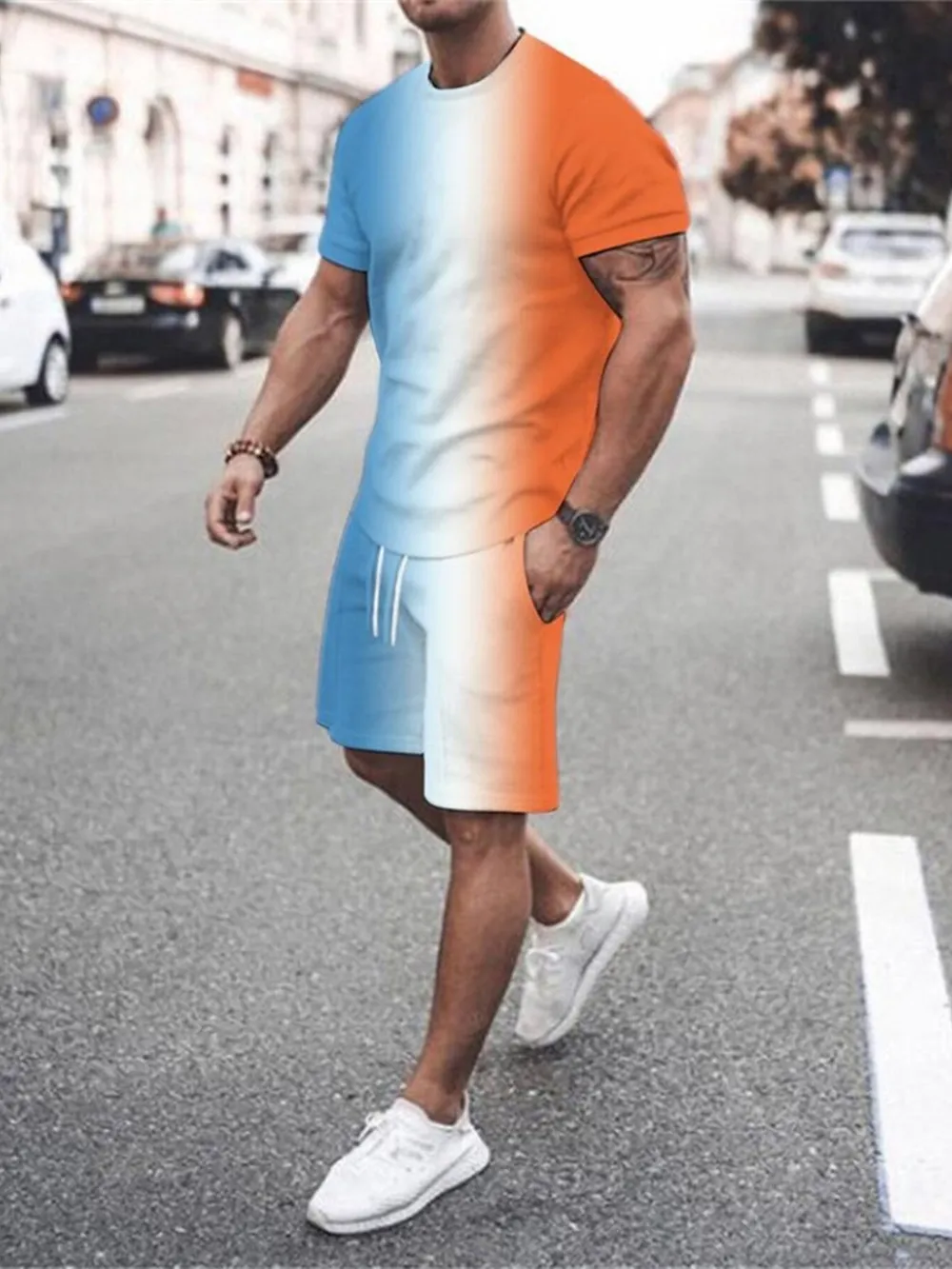 Men's Full Size Gradient Color Casual Tee and Shorts Plus Size Set, image 2