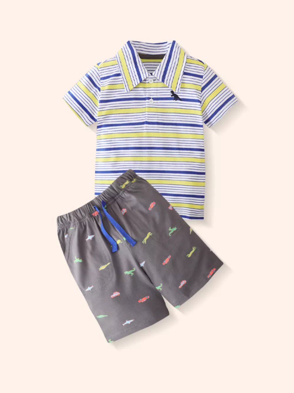 Children's Striped Polo Shirt & Dinosaur Print Shorts Set