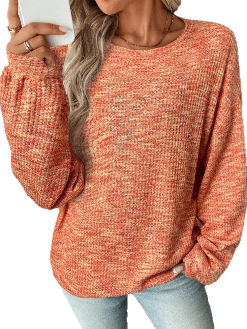 Space-Dyed Long Sleeve Waffle-Knit Top, image 21