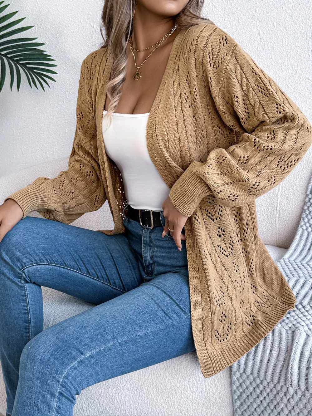 Openwork Open Front Long Sleeve Cardigan, image 6