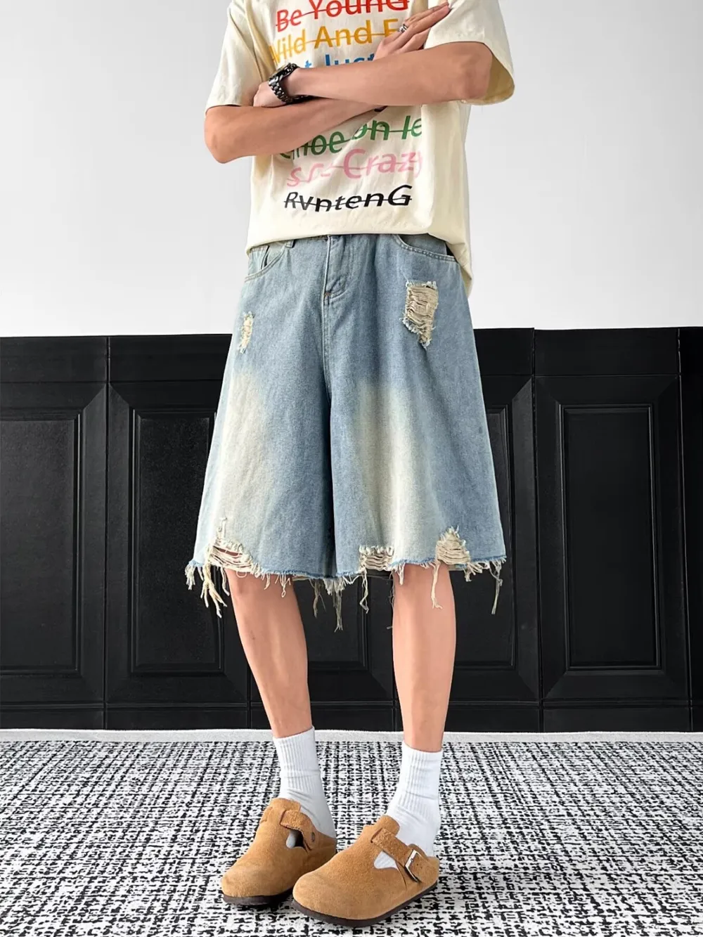 Men's Full Size Distressed Wide Leg Denim Shorts Plus Size, image 3