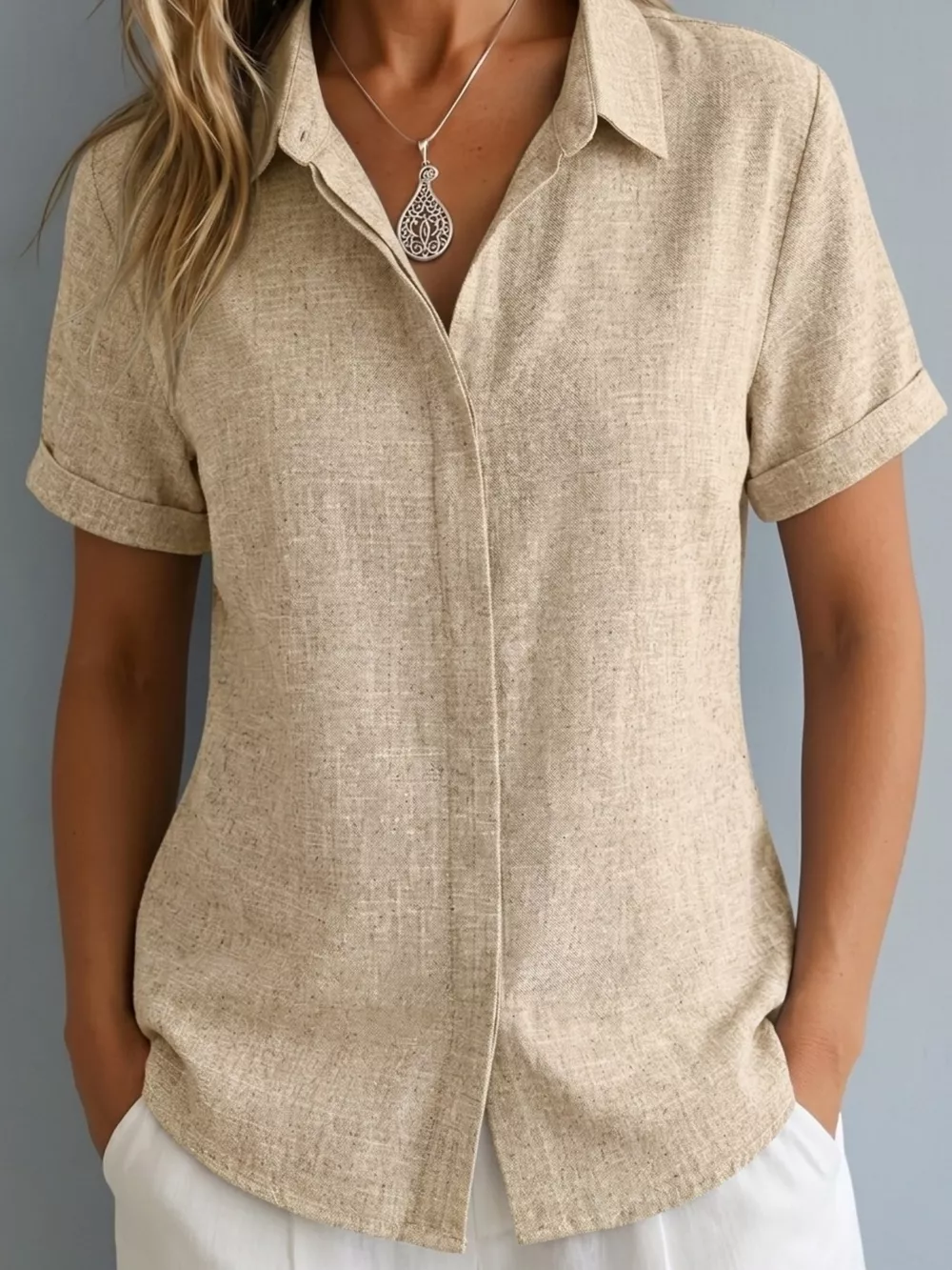 Full Size Collared Neck Short Sleeve Shirt Plus Size, image 10