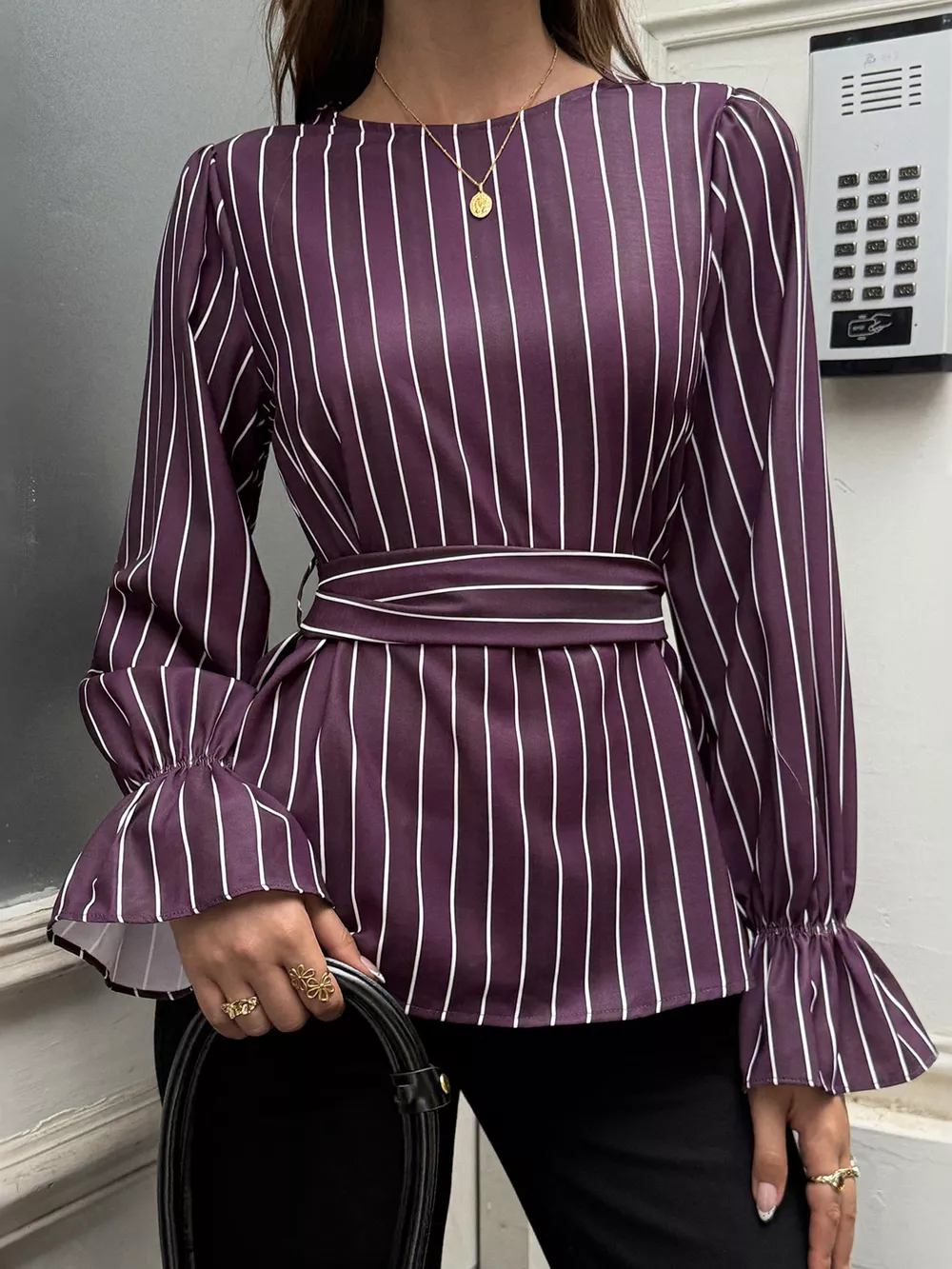 Striped Flounce Sleeves Blouse, image 2
