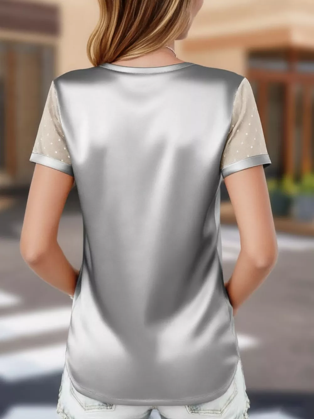 Satin V-Neck Sheer Short Sleeve Top, image 4