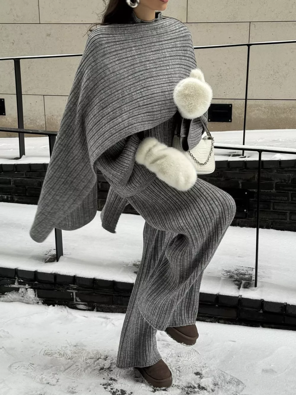 3-Piece Crew Neck Ribbed Sweater and Wide-Leg Pants Set with Scarf, image 6