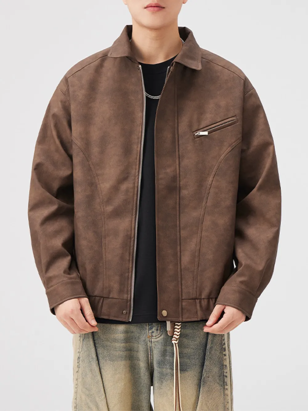 Men's Plus Size Vintage Style Zip Up Leather Jacket, image 6