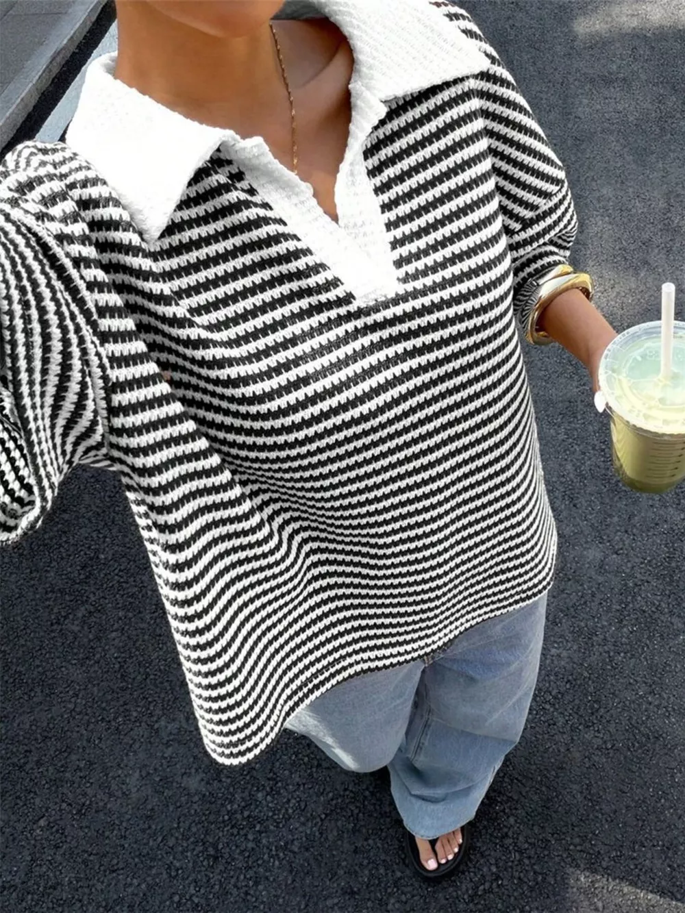 Striped Knit 3/4 Sleeve Polo Top, image 7