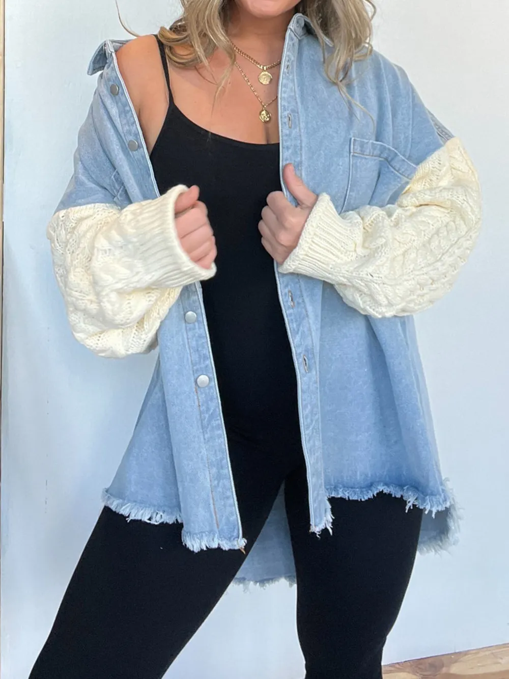 Full Size Raw Hem Button Up Patchwork Denim Jacket Plus Size, image 2