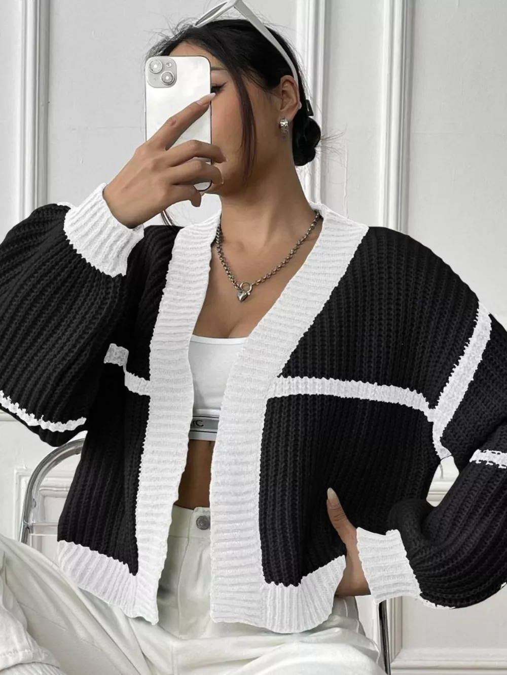Color-Block Ribbed Knit Open-Front Cropped Cardigan, image 17