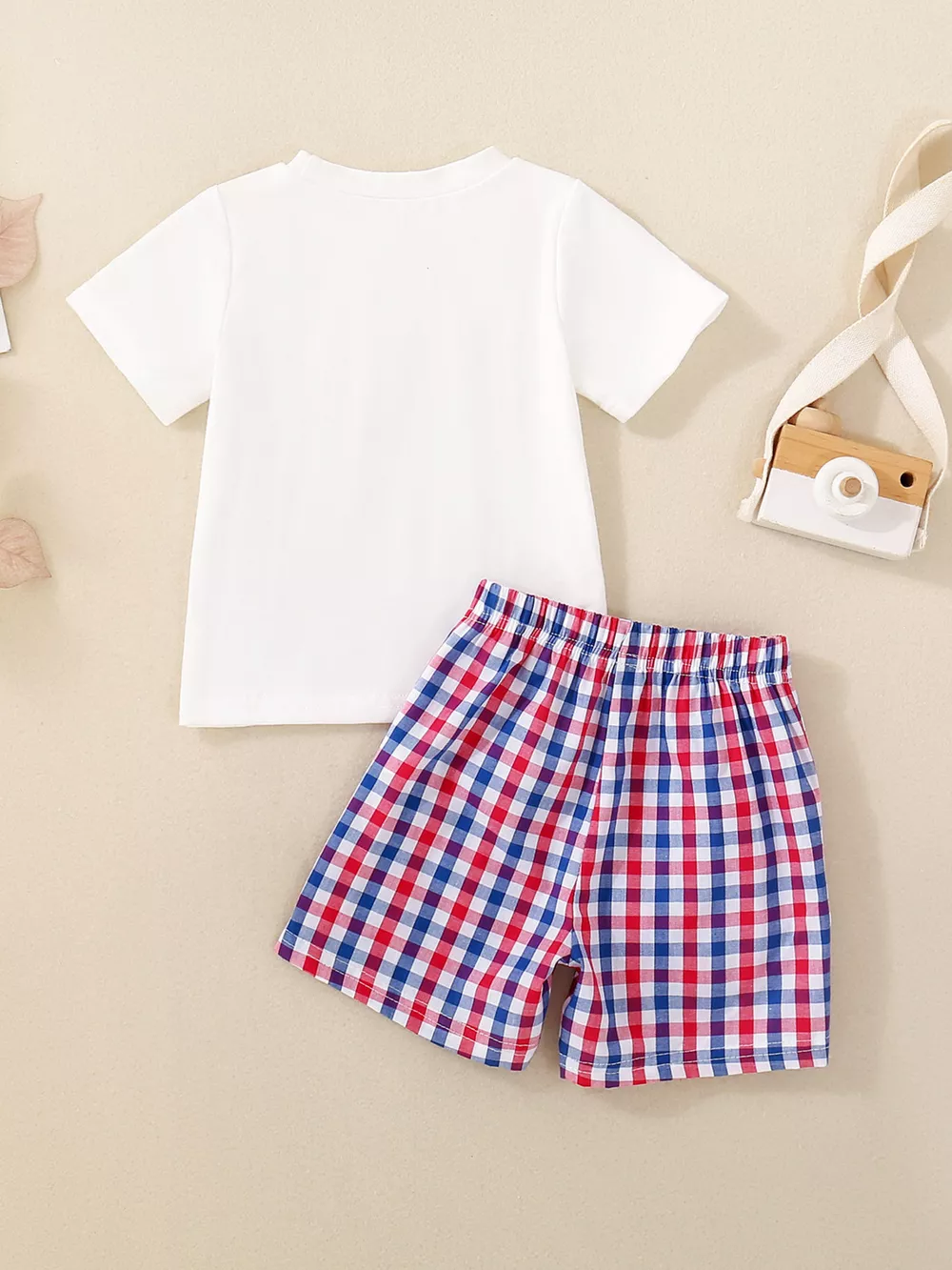 Children's Fireworks Round Neck Tee and Plaid Shorts Set, image 4