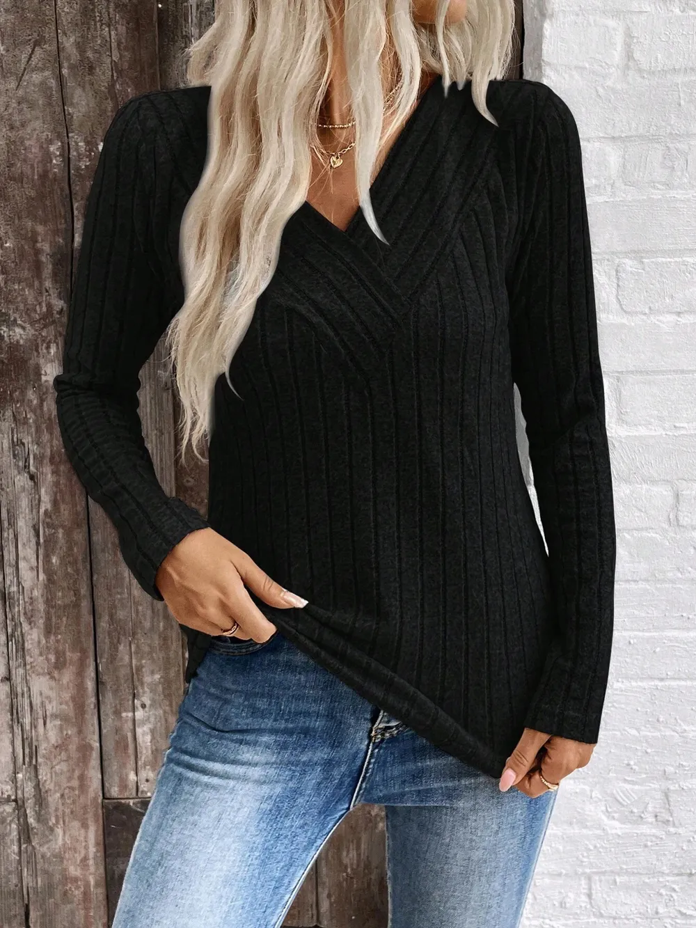 Ribbed V-Neck Long Sleeve Knit T-Shirt, image 11
