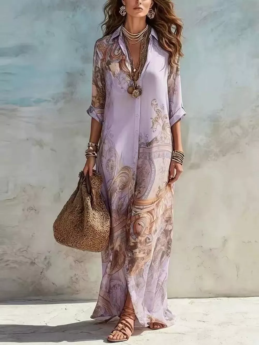 Full Size Printed Button Down Roll-Up Sleeve Shirt Maxi Dress Plus Size, image 7