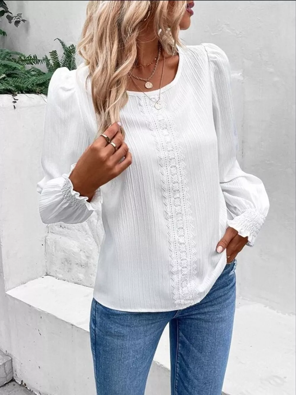 Lace Trim Long Sleeve Blouse, image 4