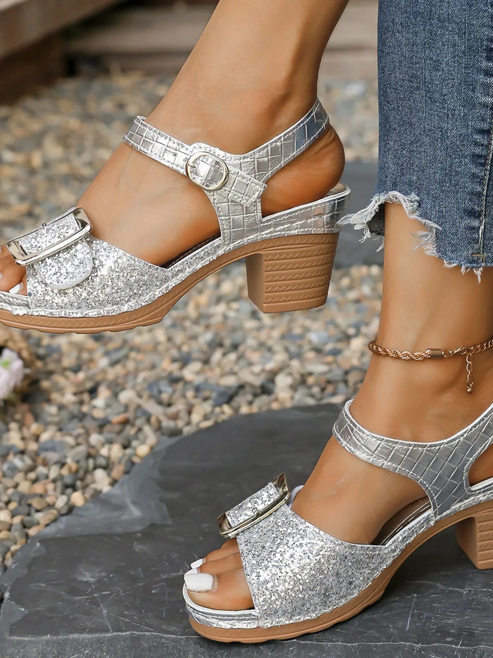 Glitter Block Heel Buckle Sandals, image 2