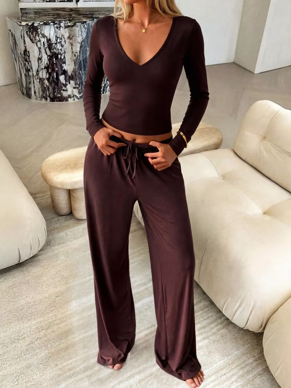 V-Neck Long Sleeve Top and Wide-Leg Pants Set, image 4