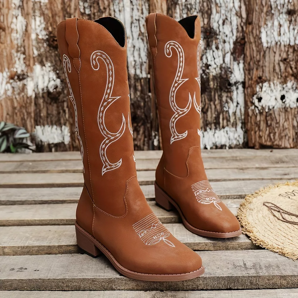 Embroidered Round Toe Block Heels Boots, image 6