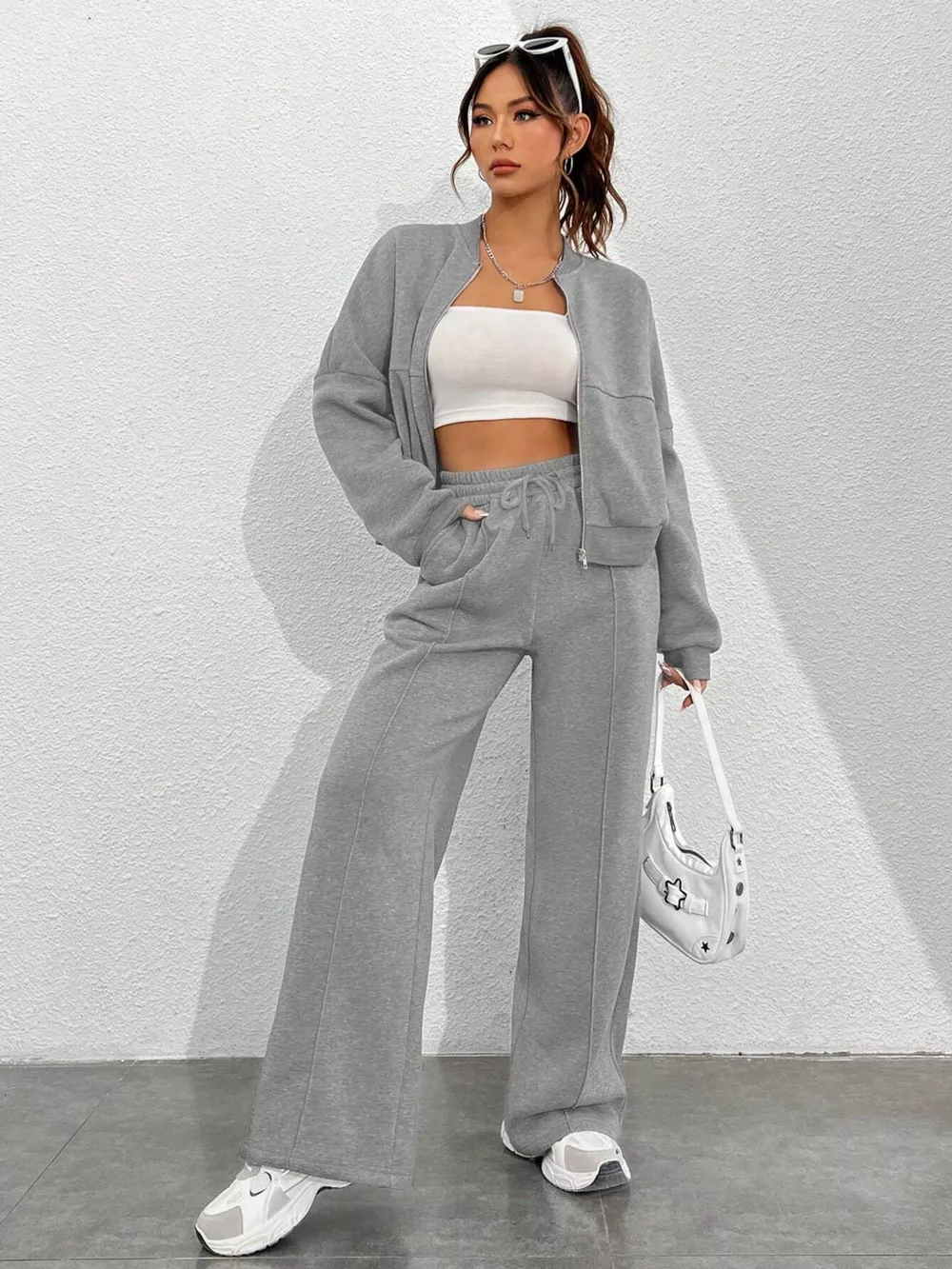 Casual Solid Color Zipper Jacket and Wide Leg Pants Set, image 23