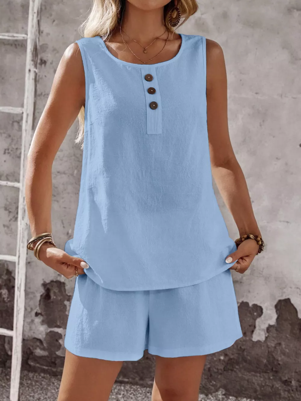 Decor Button Round Neck Tank and Shorts Set, image 23