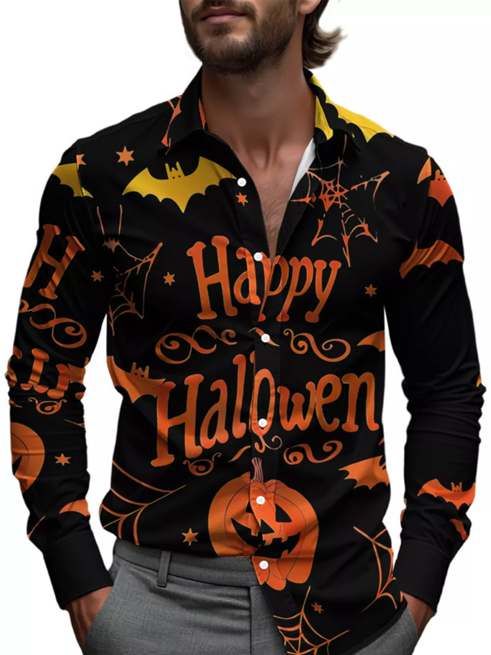 Men's Full Size Halloween Print Long Sleeve Button-Down Shirt Plus Size, image 4
