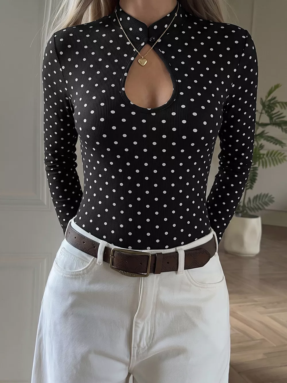 Polka Dot Cutout Long Sleeve Bodysuit, image 5