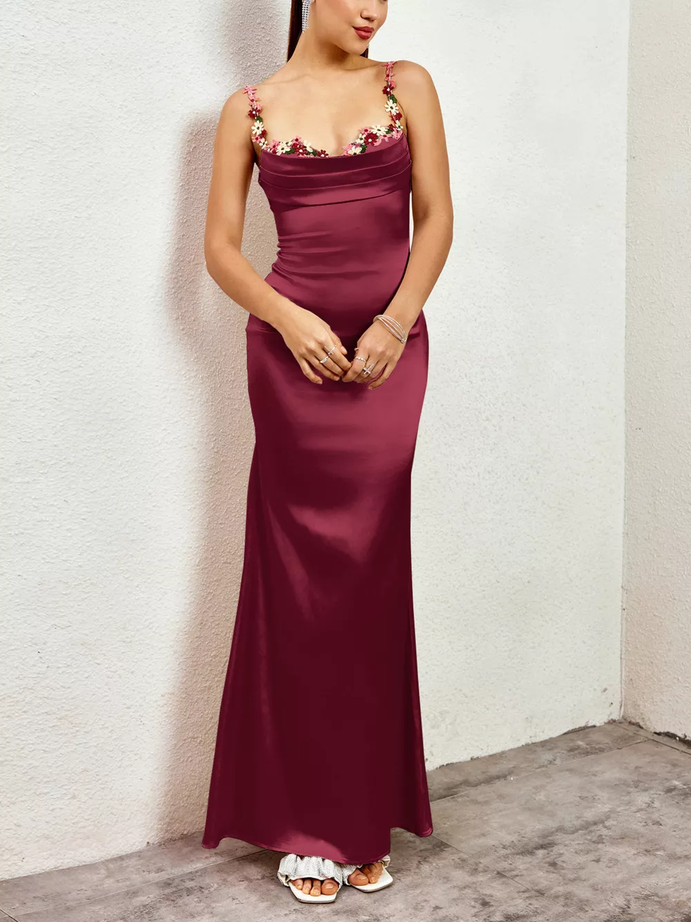 Floral Trim Satin Maxi Dress, image 2