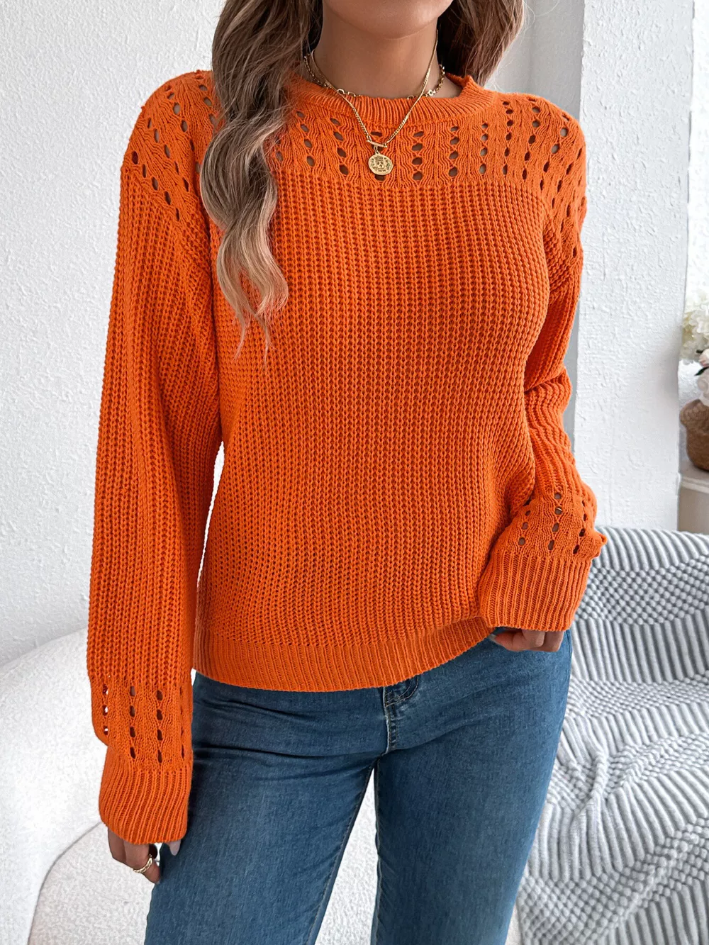 Openwork Round Neck Long Sleeve Sweater, image 6
