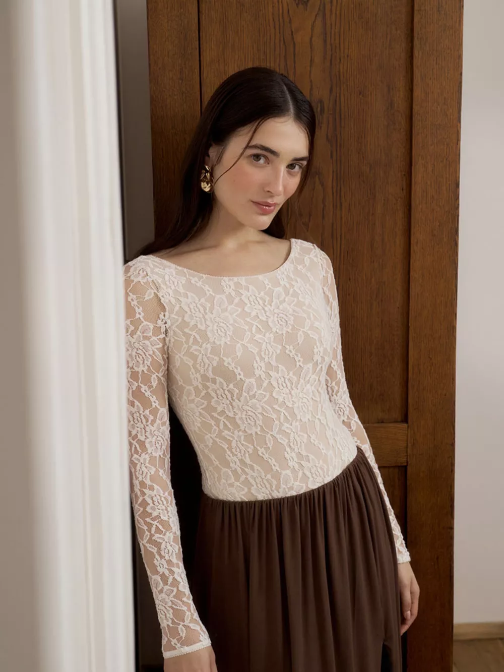 Lace Round Neck Long Sleeve Top, image 2