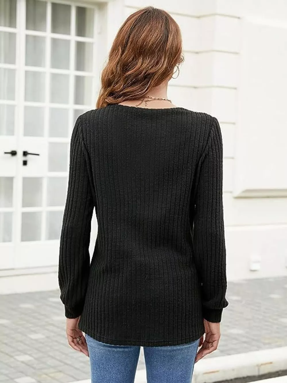 V-Neck Ribbed Long Sleeve Knit Top, image 2