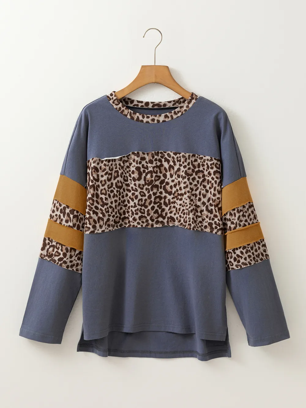 Leopard Color Block Long Sleeve Drop Shoulder Top, image 3