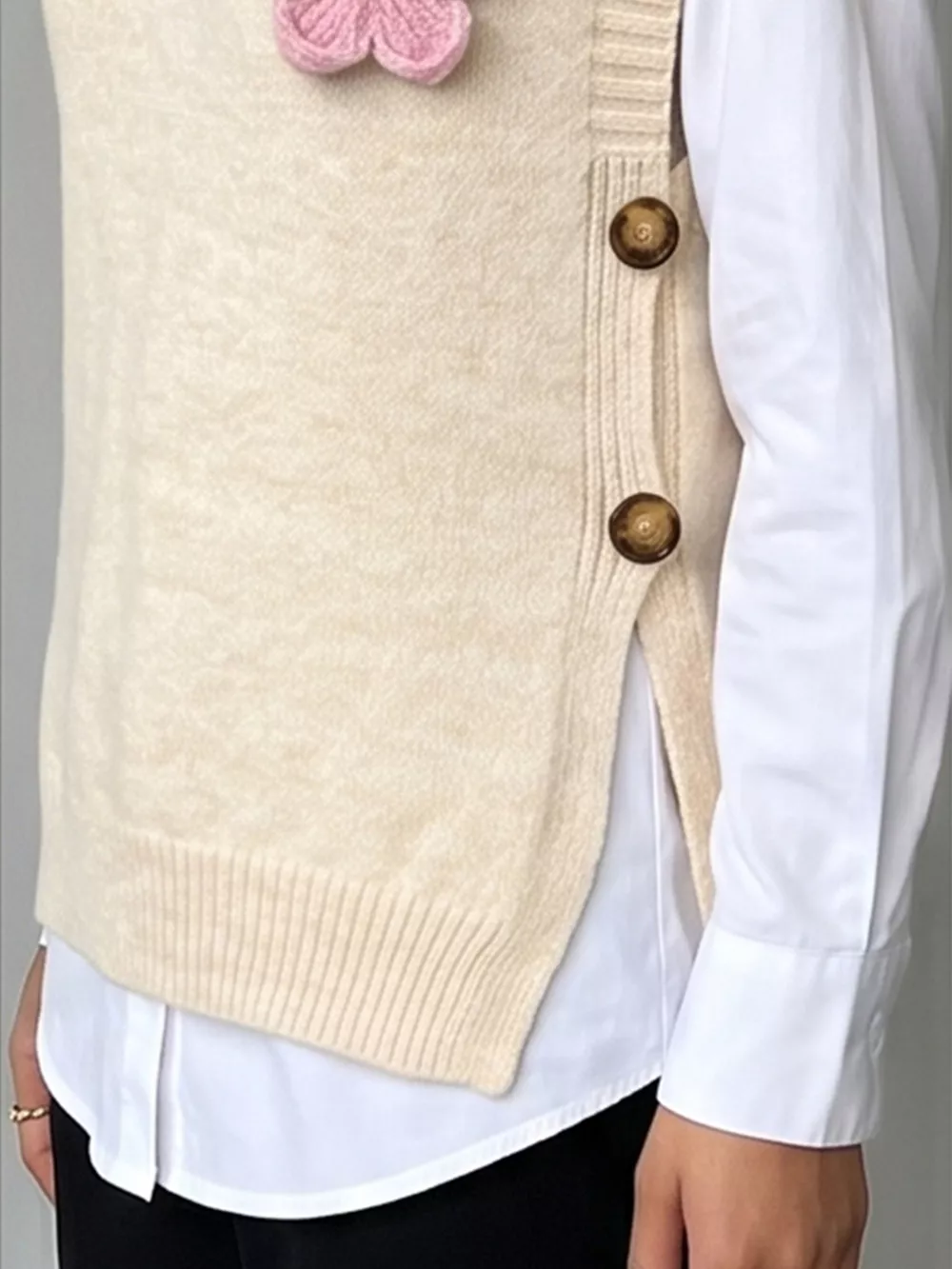 Side Button Sweater Vest with 3D Floral Appliques, image 10